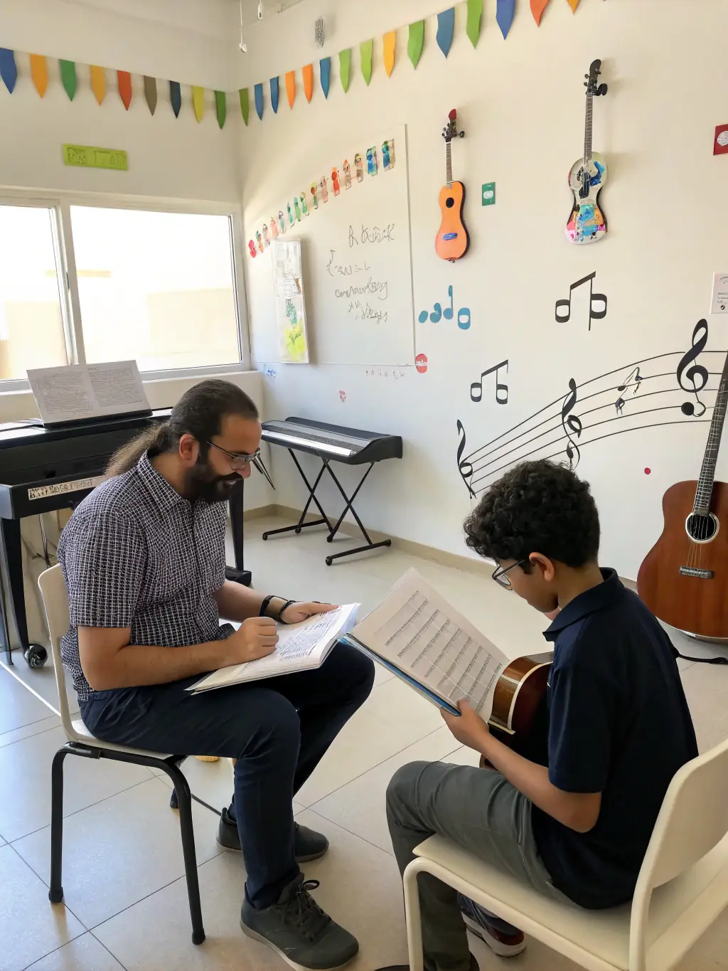 A photo of musicians mentoring young aspiring artists, showing them how to play instruments and providing guidance on music composition.