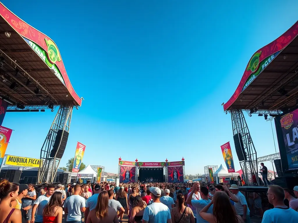 A vibrant outdoor music festival scene, showcasing a diverse range of musical performances and community engagement, with attendees of all ages enjoying the lively atmosphere.