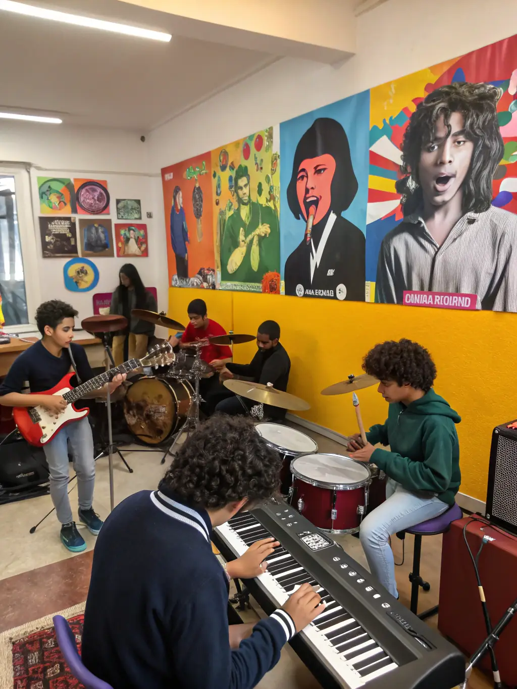 A vibrant photo of a music workshop in progress, showing diverse participants learning from experienced musicians, with instruments and sheet music visible.