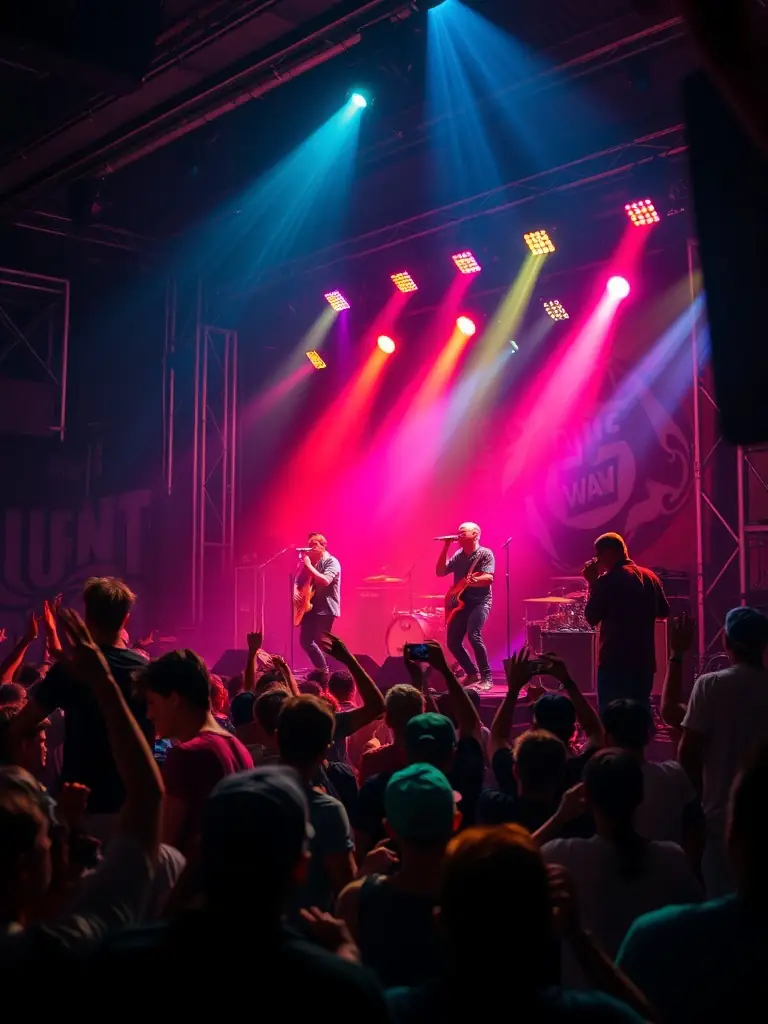 A dynamic image of a live music event organized by LE SON DU PH'ART, featuring a band performing on stage with an engaged audience in the background.
