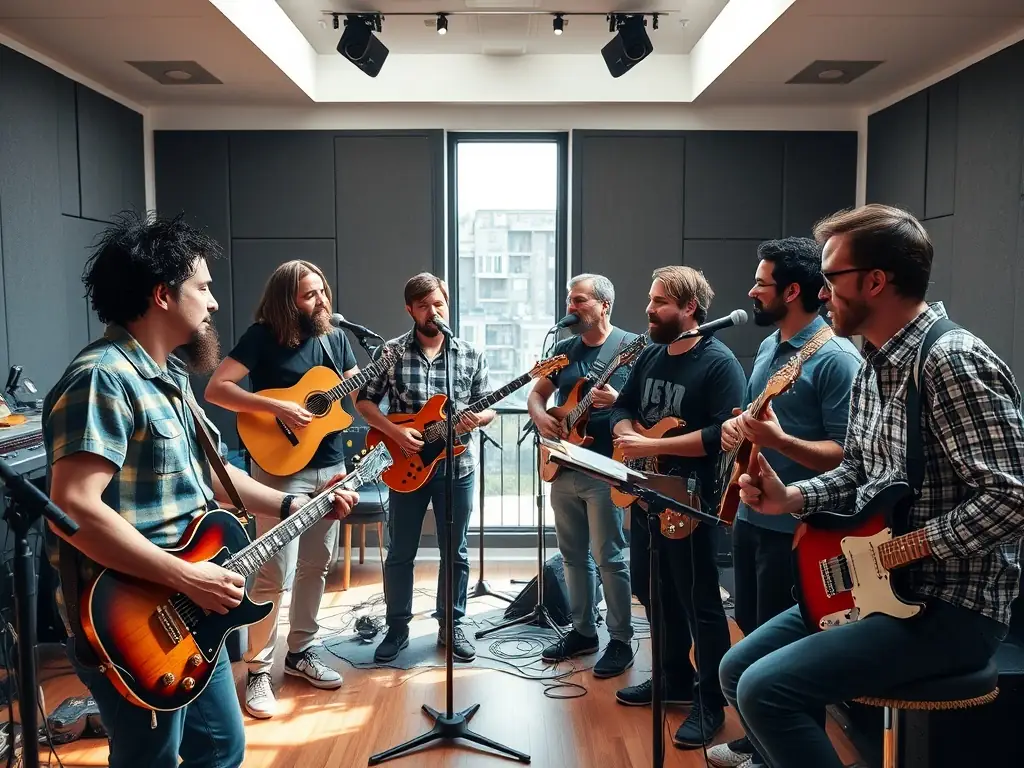 A group of musicians participating in a songwriting workshop, focused on collaborative music creation and skill development, set in a bright and inspiring studio environment.