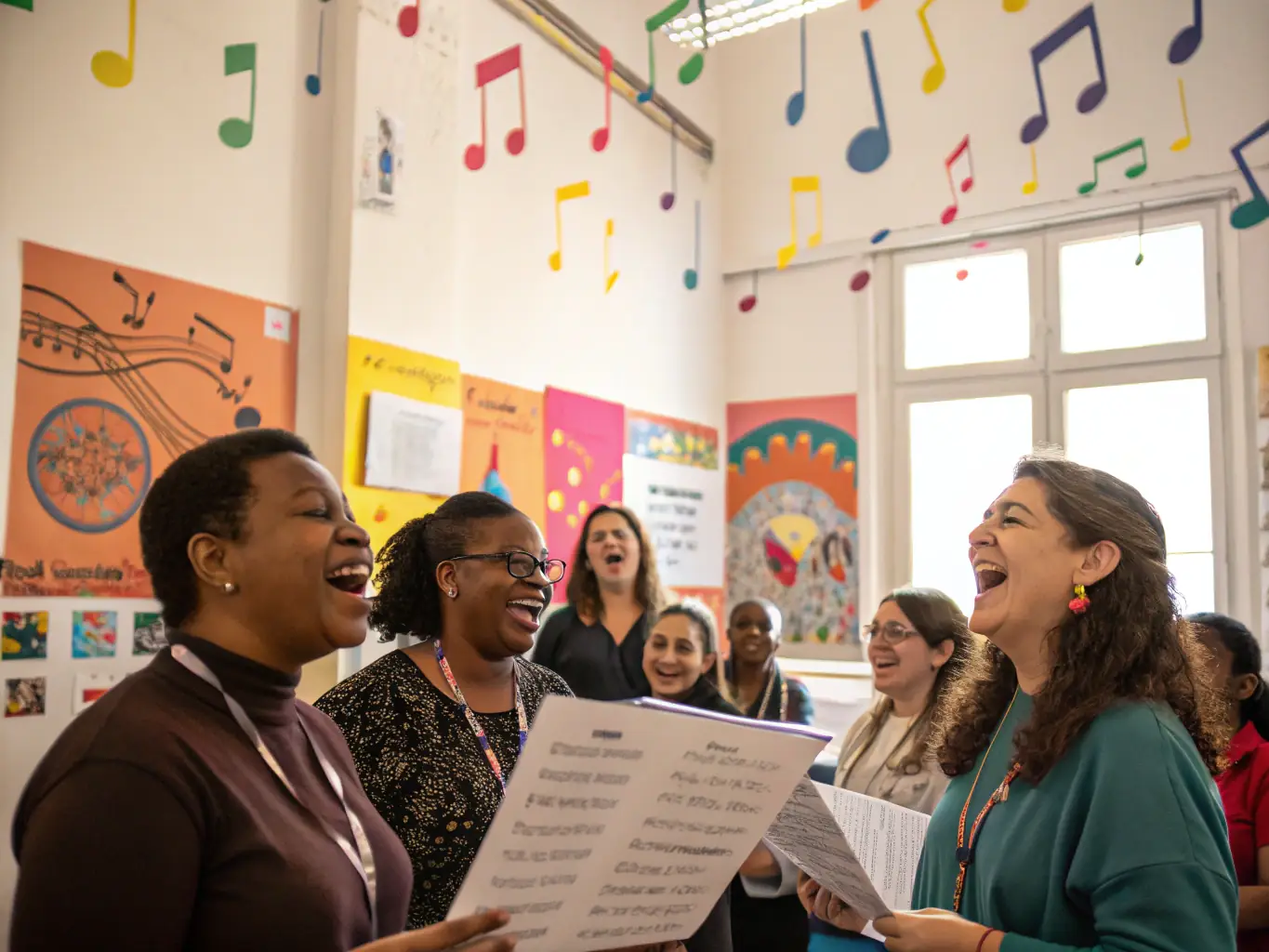 A diverse group of people joyfully participating in a community music workshop, showcasing the inclusive and engaging environment fostered by LE SON DU PH'ART.